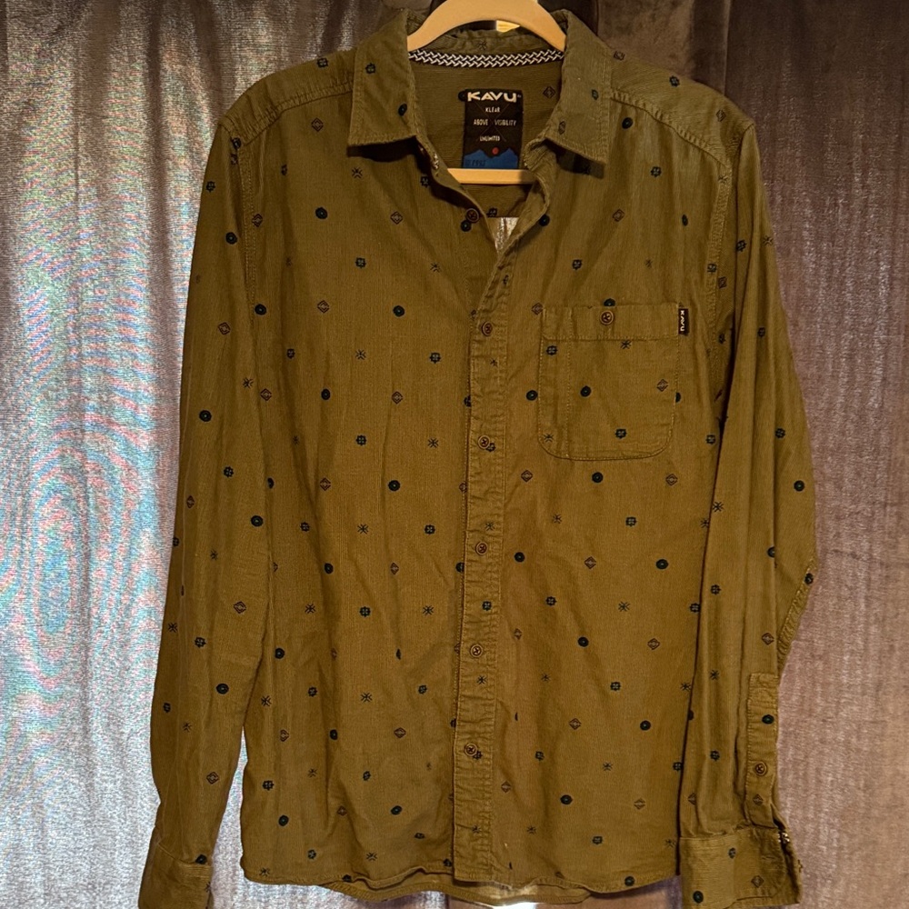 Kavu Olive Green Button-Down Shirt with Black Dot Motif
